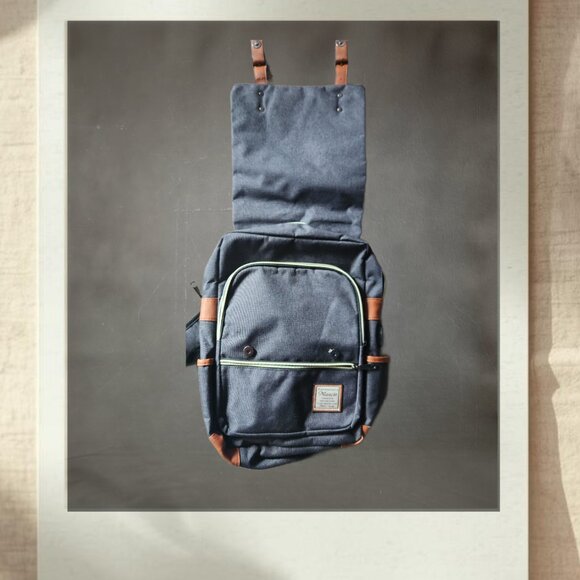 Vintage Style Laptop Backpack with USB Charging Port - Dark Gray With Brown Trim - Picture 2 of 4